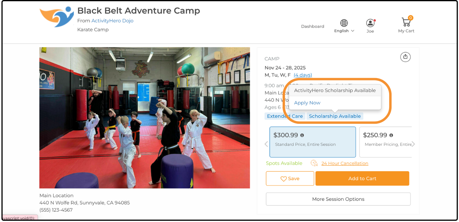 Activity page with the Scholarship Available link and Apply Now tooltip open