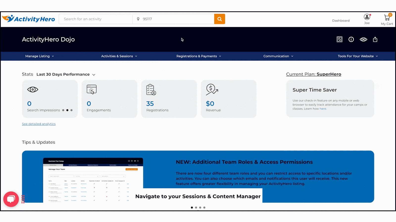Animated walkthrough selecting a session, clicking Register, and completing the registration form