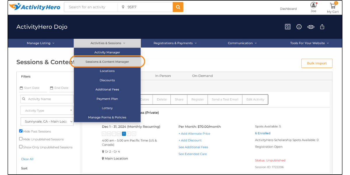 Activities & Sessions menu open with Sessions & Content Manager highlighted