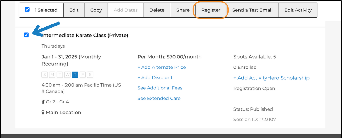 Sessions & Content Manager with one session checked and Register highlighted in the toolbar