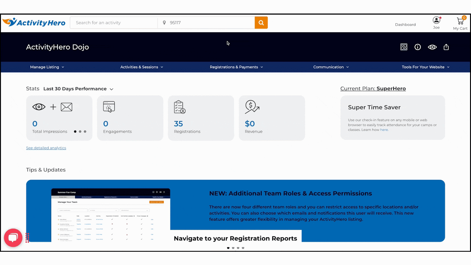 Animated walkthrough using Action on the Registration Reports page to register an existing participant for another session