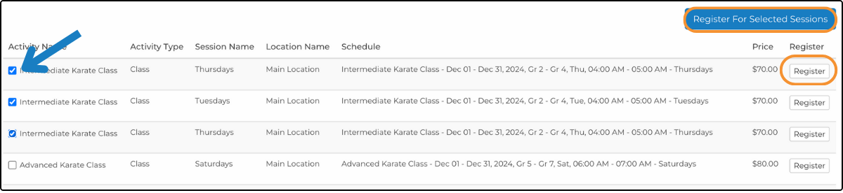 Session list with three sessions checked and Register For Selected Sessions highlighted