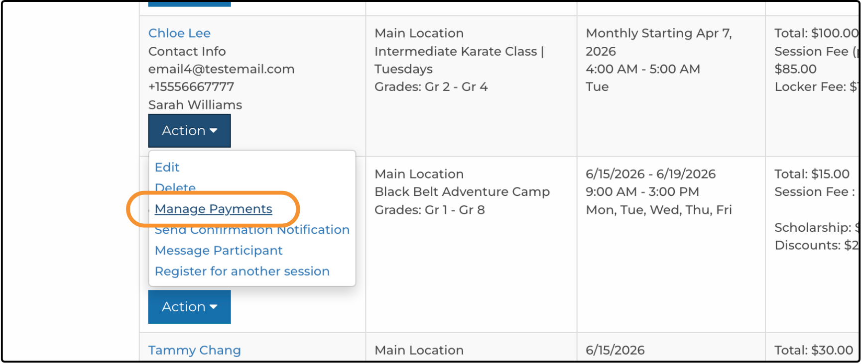 Registration Reports row with the Action menu open and Manage Payments highlighted
