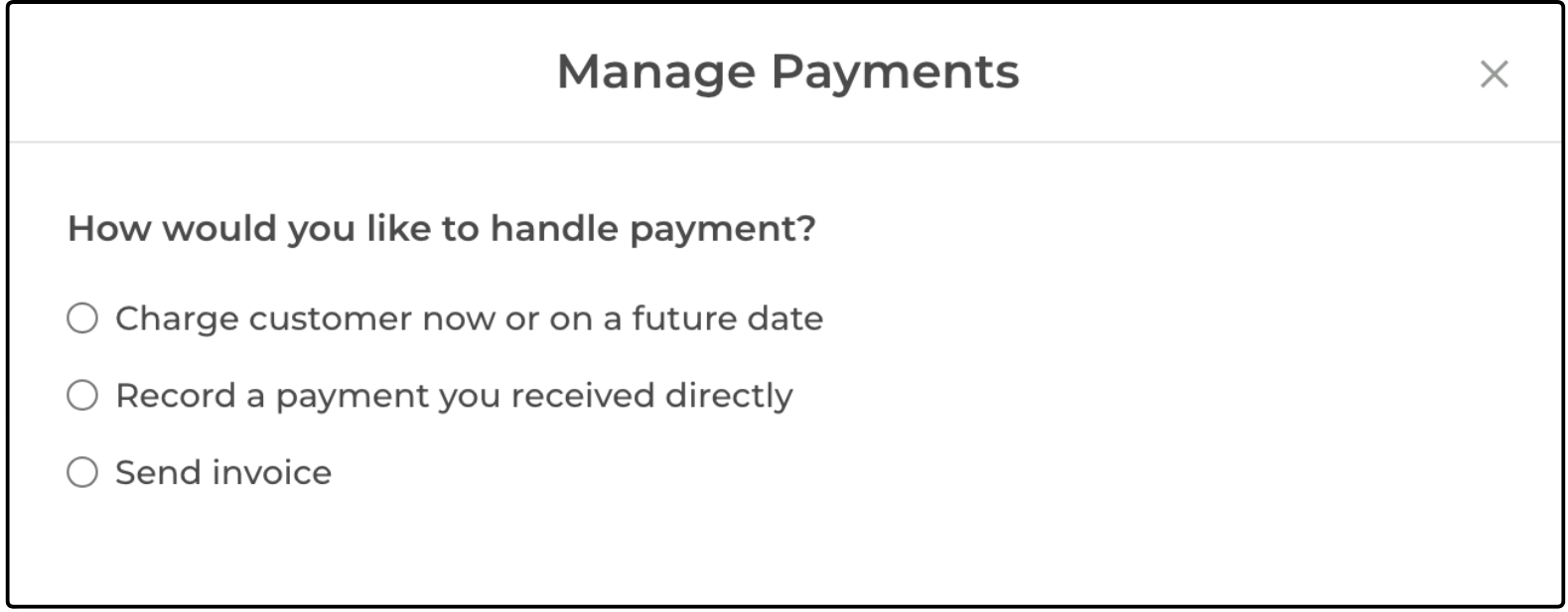 Manage Payments dialog with the three payment handling options