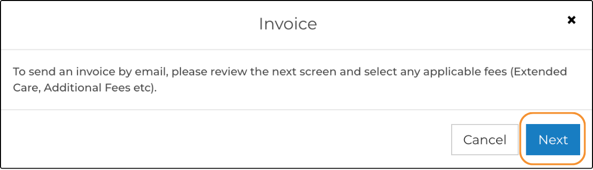 Invoice instructions window with Next highlighted