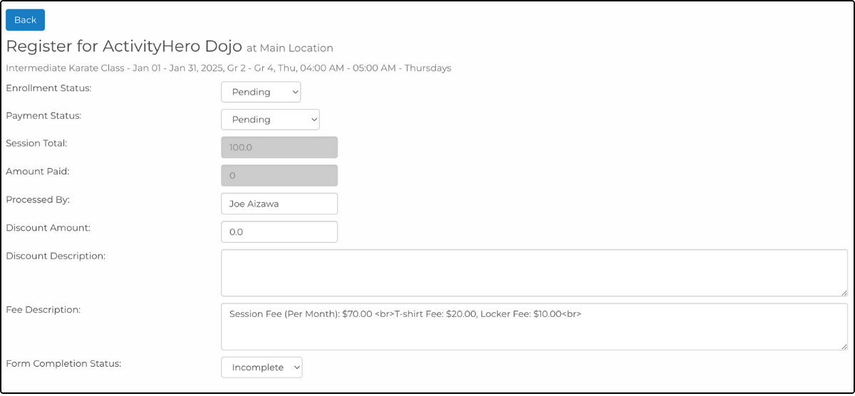 Registration edit page with Enrollment Status, Payment Status, and Discount Amount fields