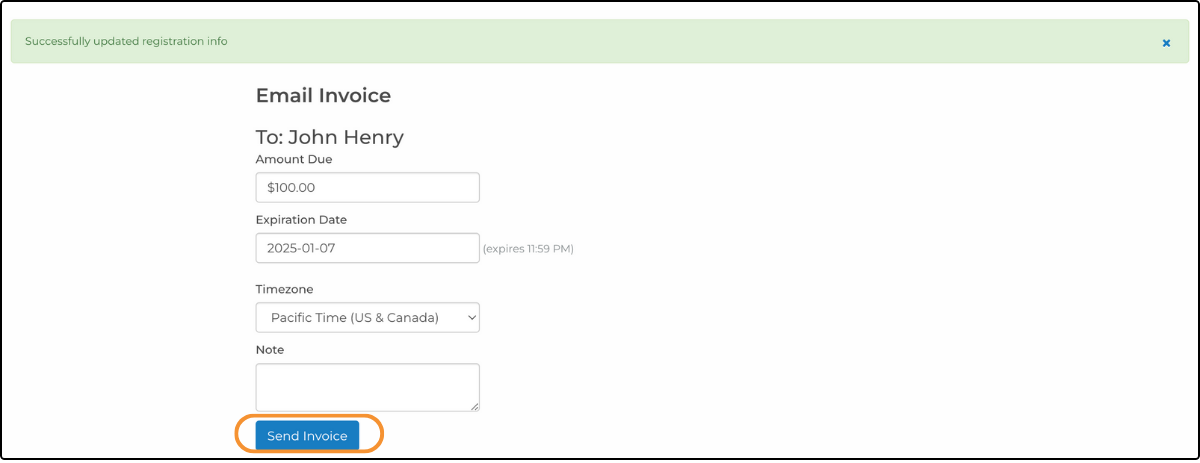 Email Invoice page with Amount Due, Expiration Date, and Send Invoice highlighted