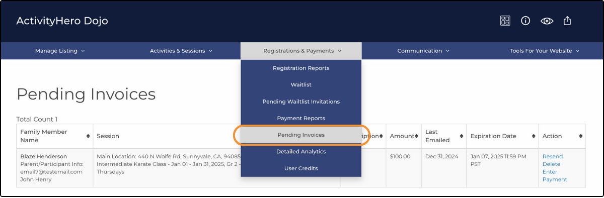Pending Invoices page with Pending Invoices highlighted in the Registrations & Payments menu