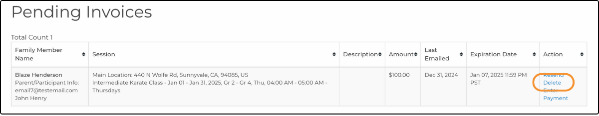 Pending Invoices table with Delete highlighted in the Action column