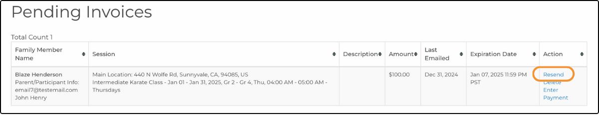 Pending Invoices table with Resend highlighted in the Action column