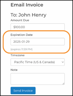 Email Invoice page with the Expiration Date field highlighted