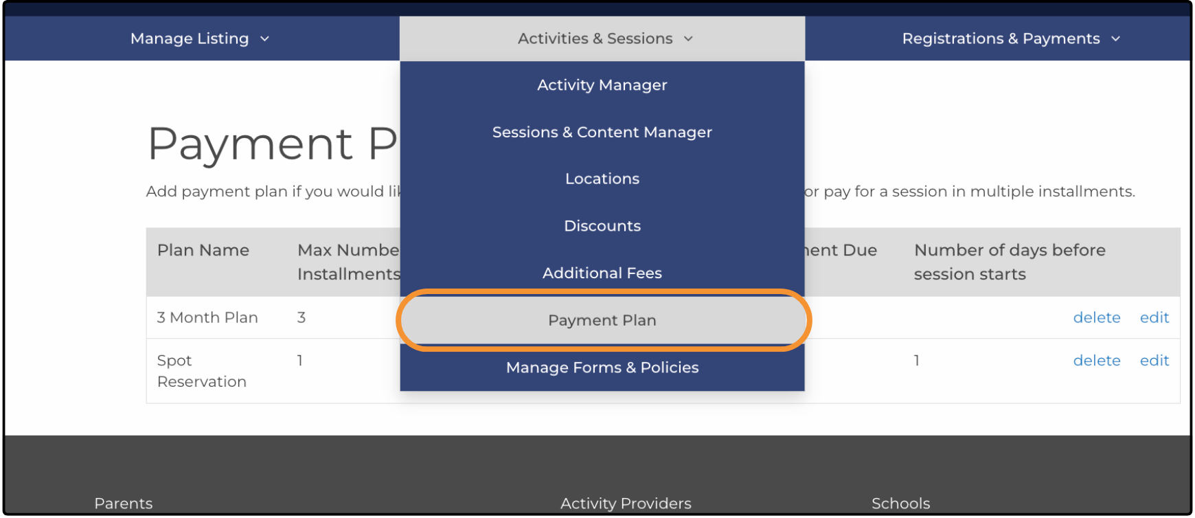 Payment Plan list with the Activities & Sessions menu open and Payment Plan highlighted