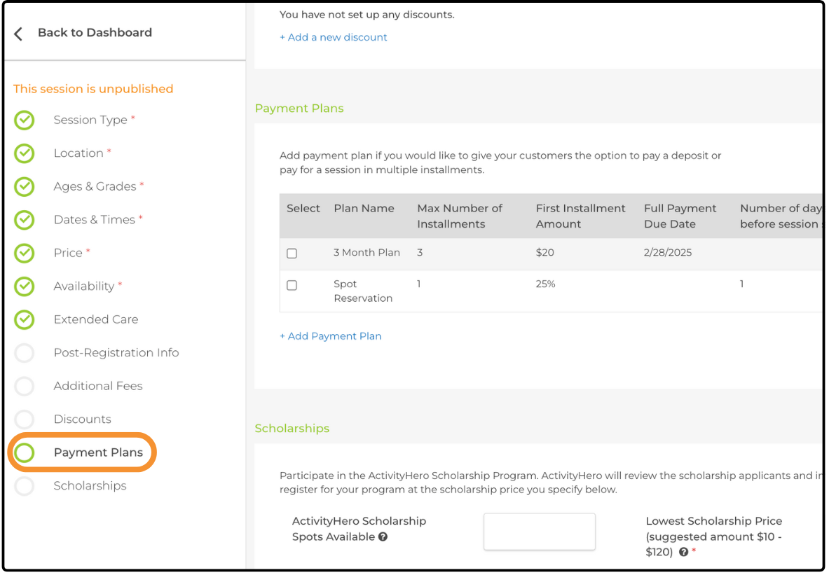 Session setup sidebar with Payment Plans highlighted beside the Payment Plans table