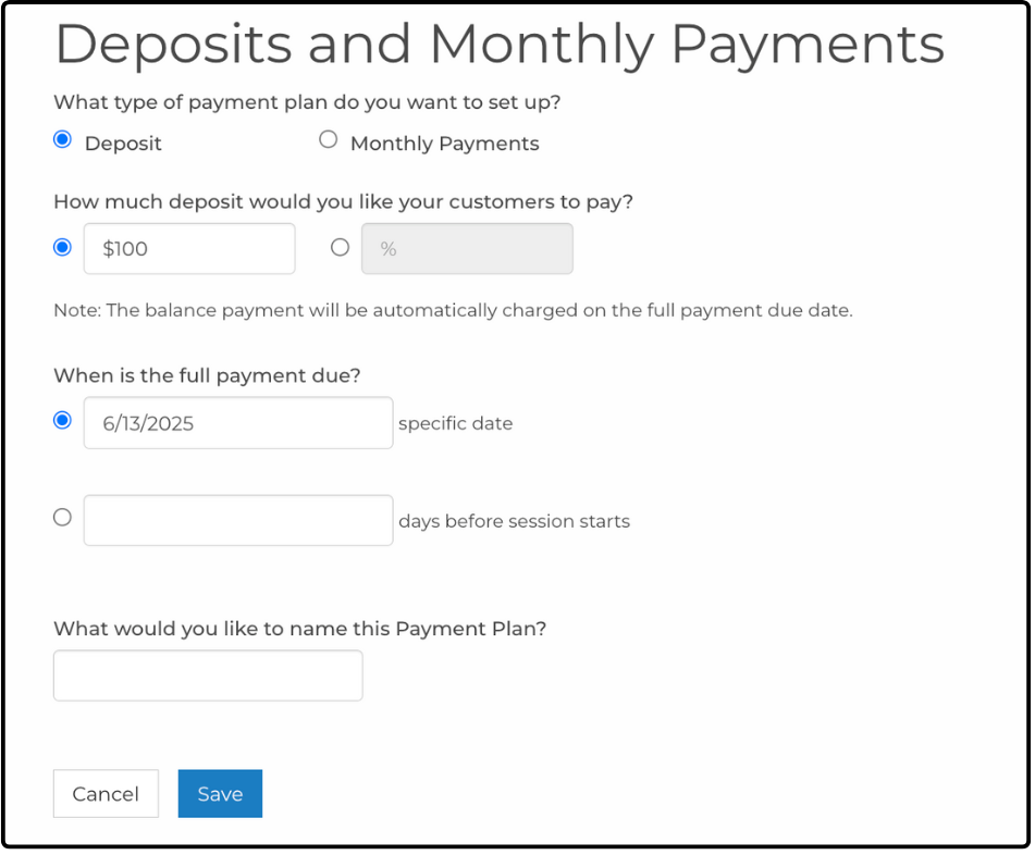 Deposits and Monthly Payments page with the Deposit option selected