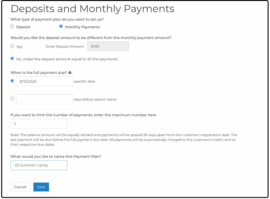 Deposits and Monthly Payments page with Monthly Payments selected and a payment limit set