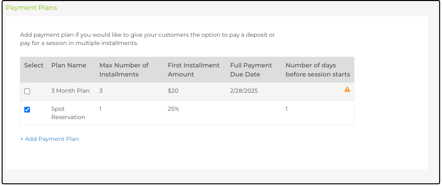 Payment Plans section of session setup with the Spot Reservation plan selected