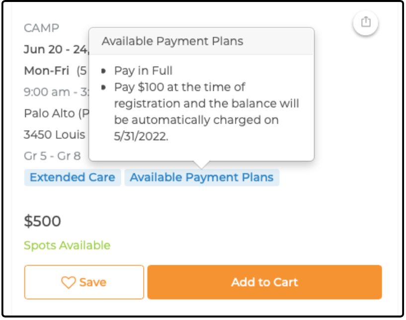 Activity listing with the Available Payment Plans tooltip open