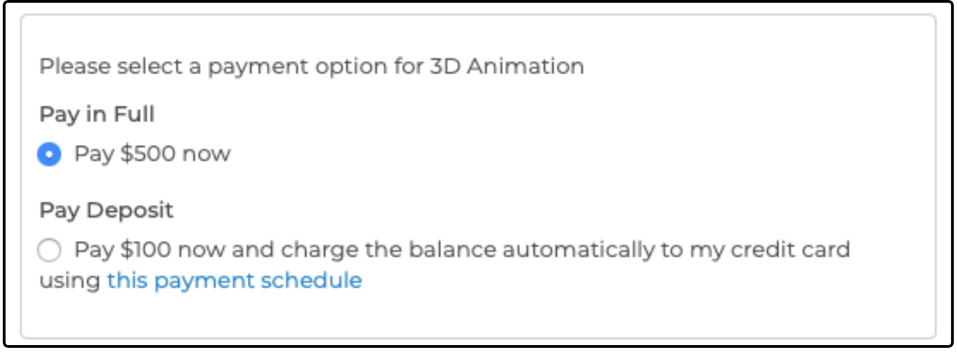 Checkout payment options showing Pay in Full and Pay Deposit
