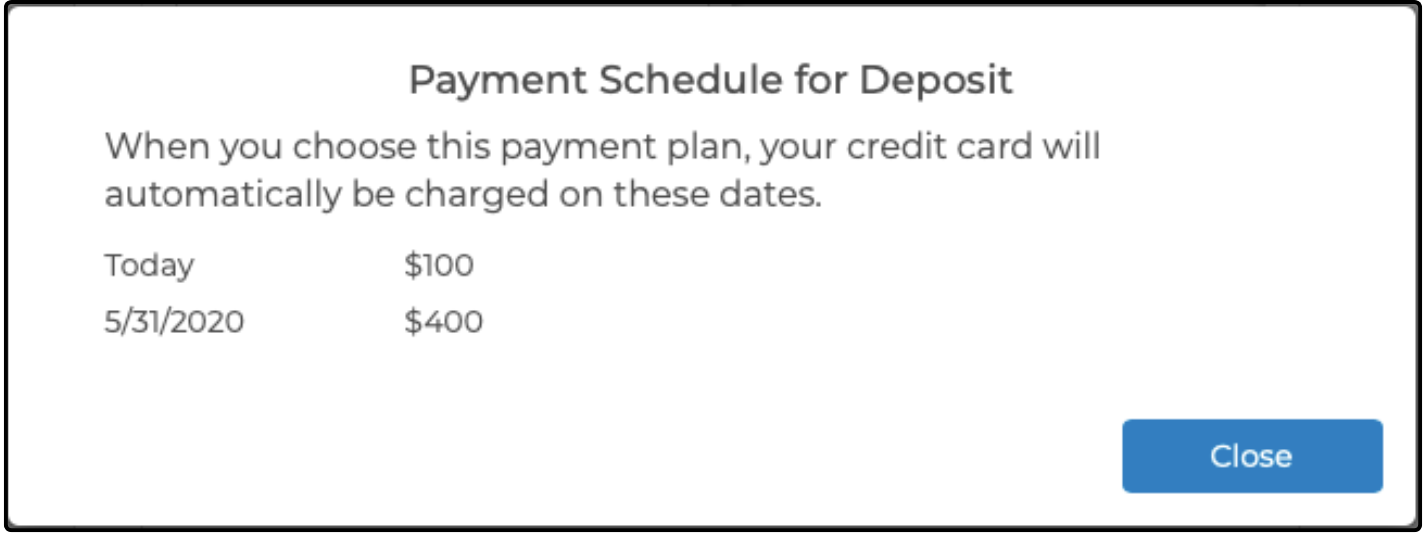 Payment Schedule for Deposit dialog listing the charge dates and amounts