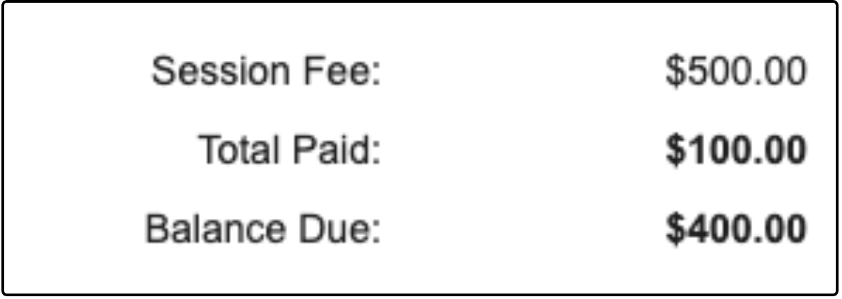 Confirmation email totals showing Session Fee, Total Paid, and Balance Due