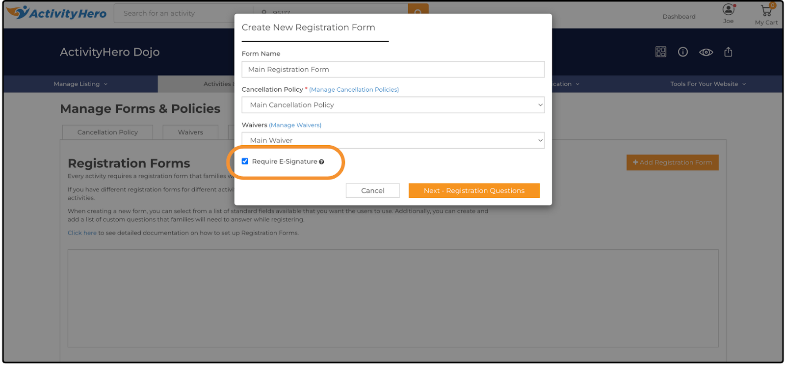 Create New Registration Form window with the Require E-Signature checkbox selected