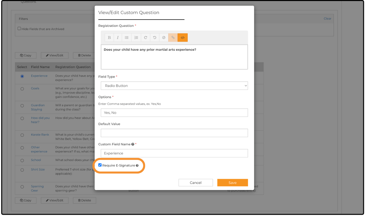 View/Edit Custom Question window with the Require E-Signature checkbox selected