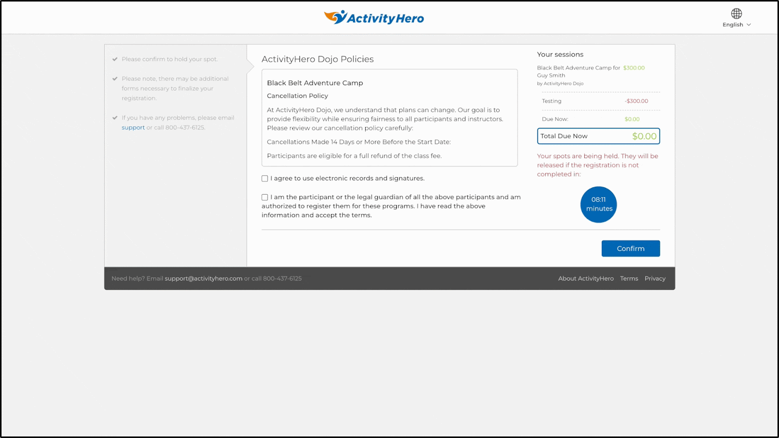 Checkout page where a family agrees to electronic signatures and signs in the Add Signature window