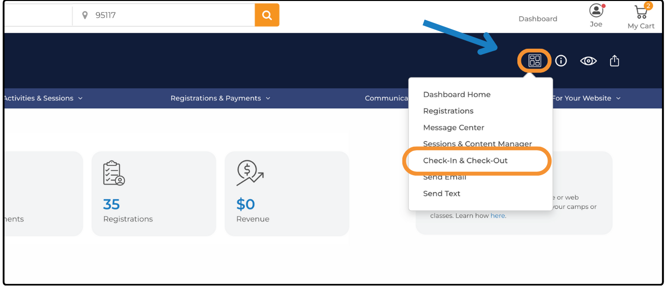 Dashboard menu open with Check-In & Check-Out highlighted