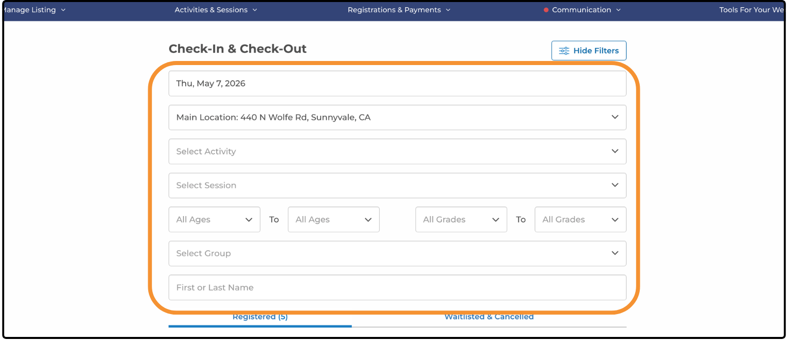 Check-In & Check-Out page with the date, location, activity and name filters highlighted