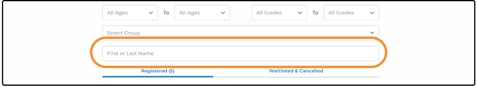 Check-In & Check-Out filters with the First or Last Name search field highlighted