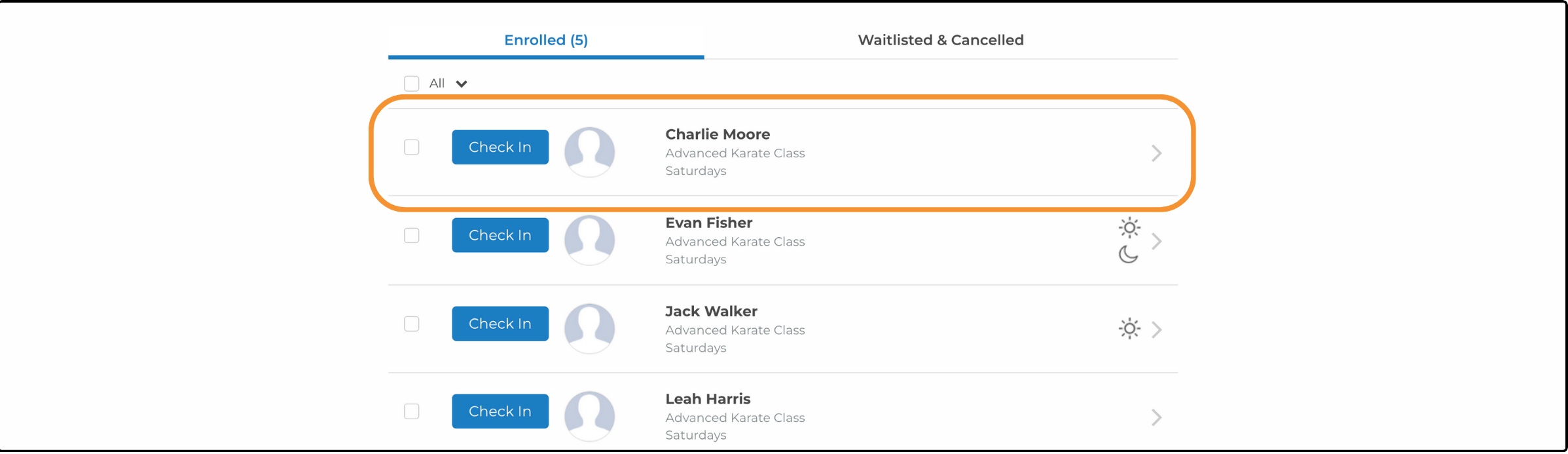 Enrolled participant list with the first participant row highlighted