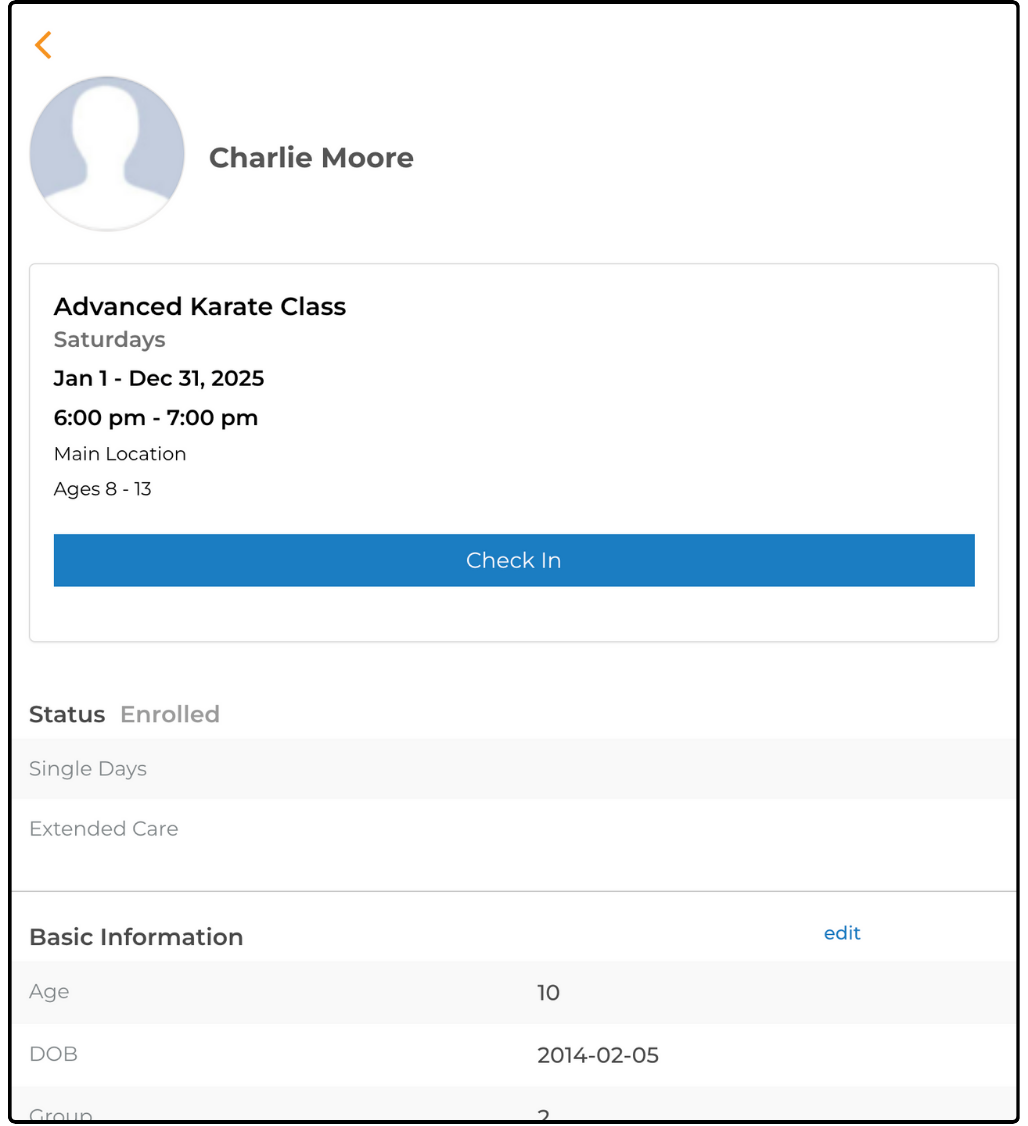 Participant details page showing session details, Check In and Basic Information