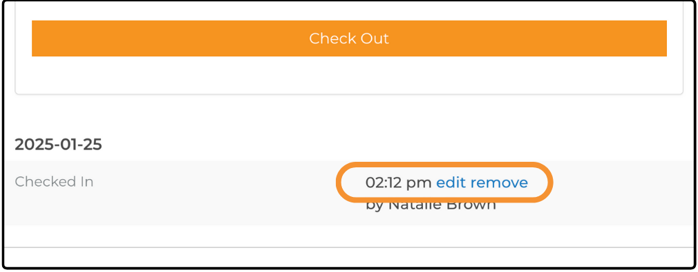 Participant details showing a recorded check-in time with edit and remove links