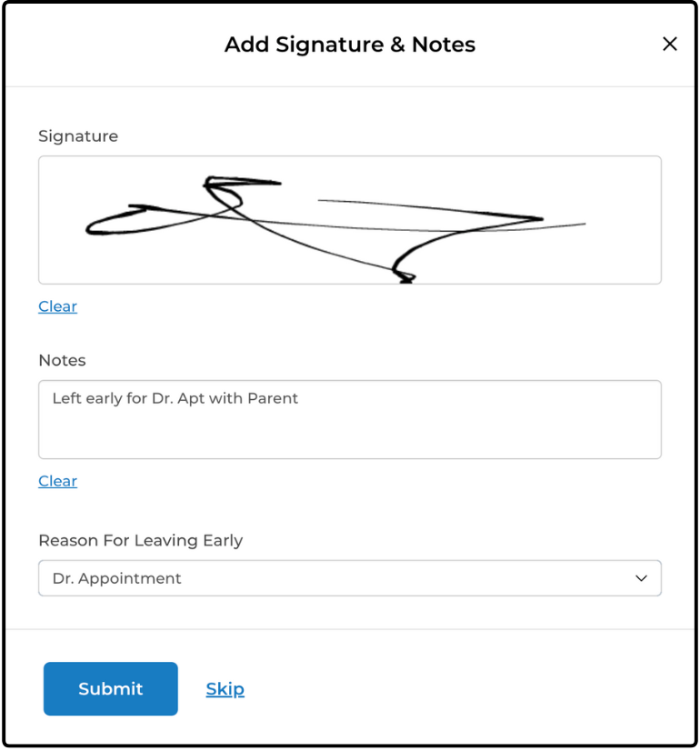 Add Signature & Notes window with a signature, a note and a custom question
