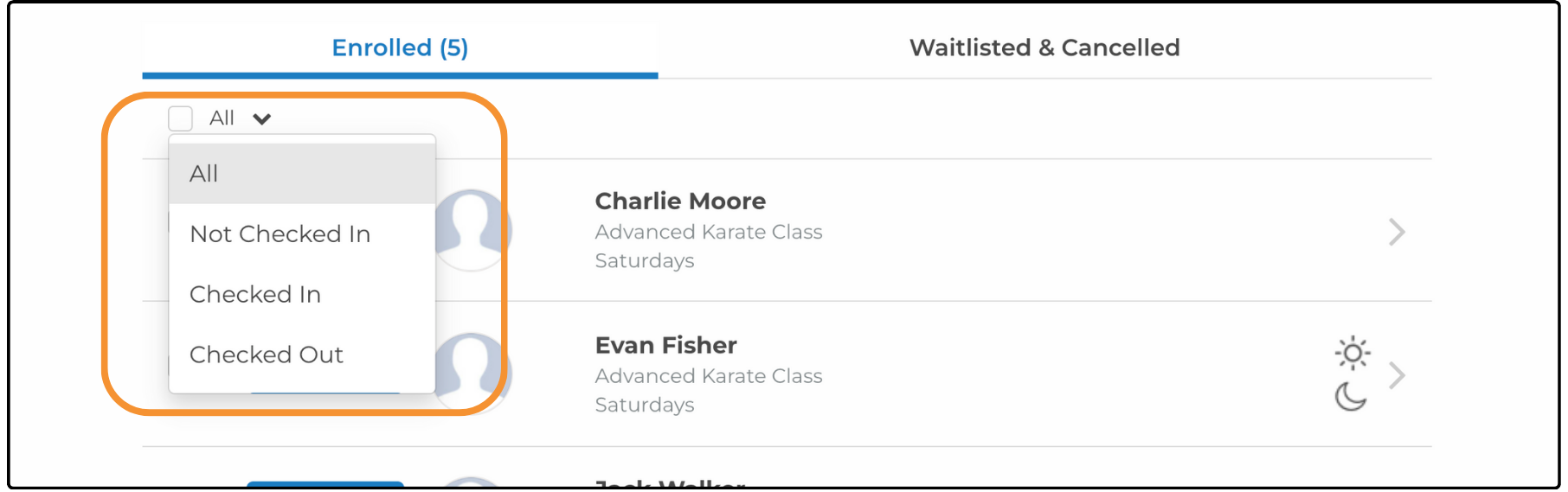 Enrolled list with the attendance status dropdown menu open on All, Not Checked In, Checked In and Checked Out