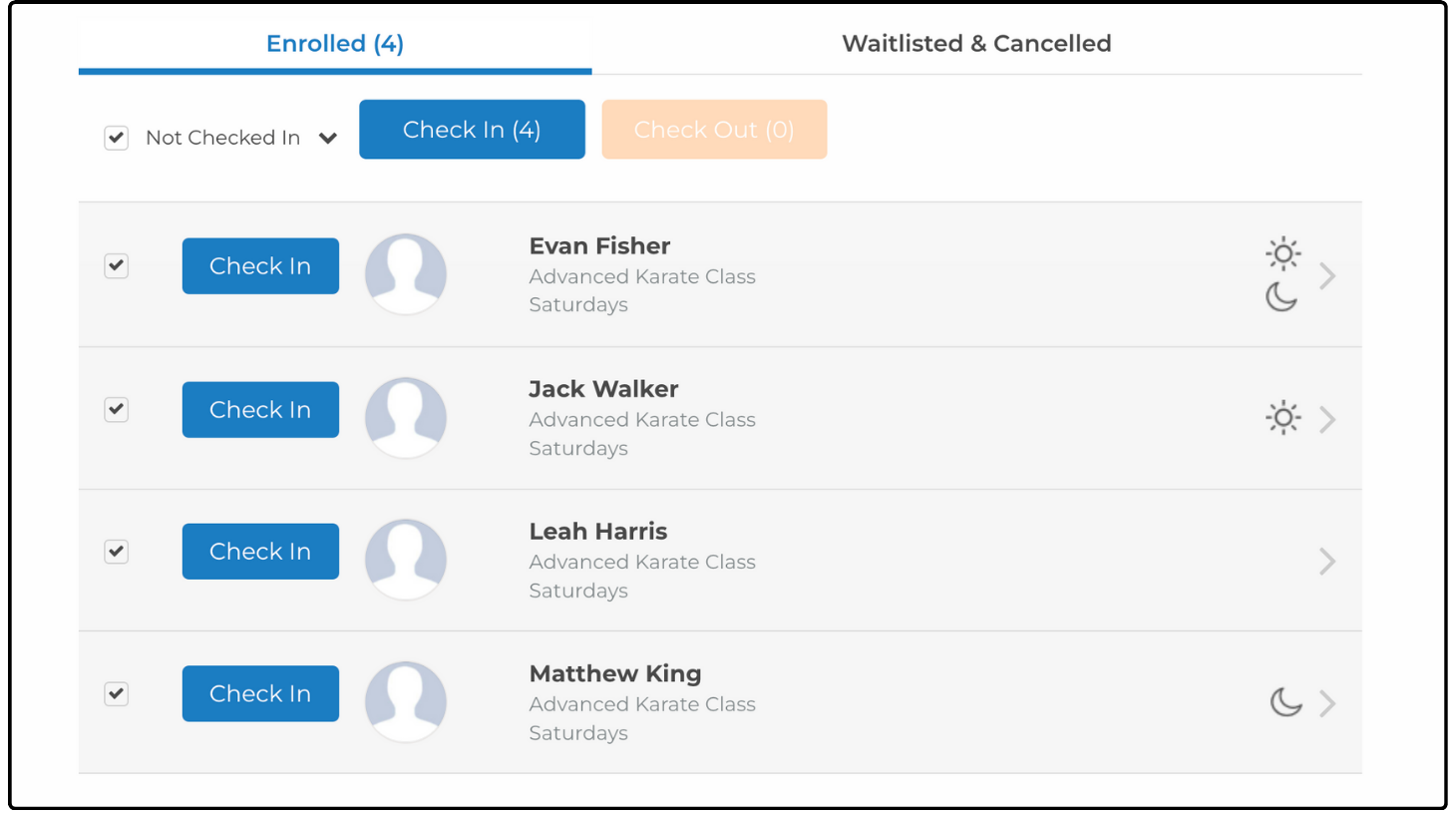 Enrolled list with four participants selected and Check In (4) available