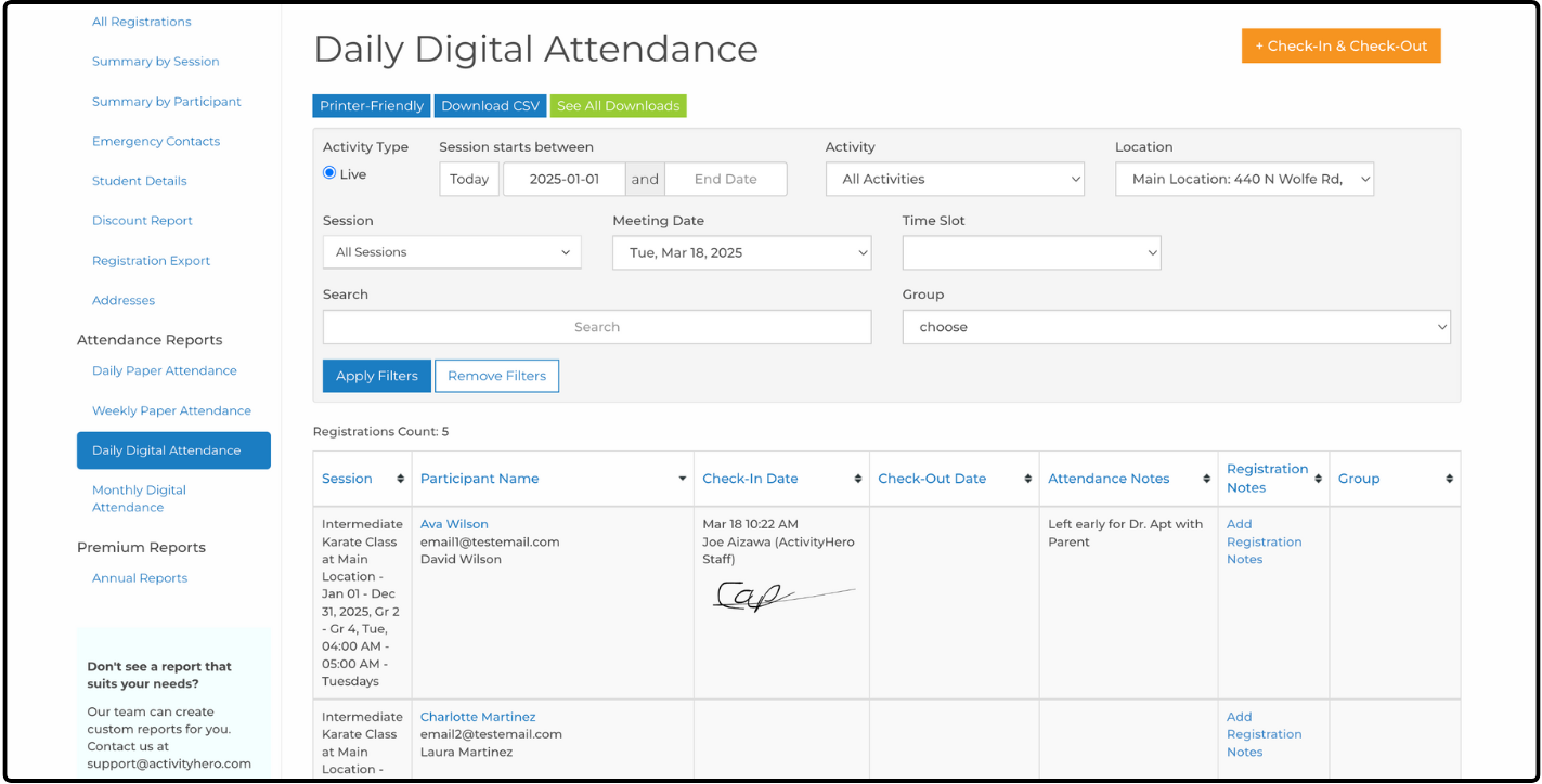 Daily Digital Attendance report with filters and check-in columns