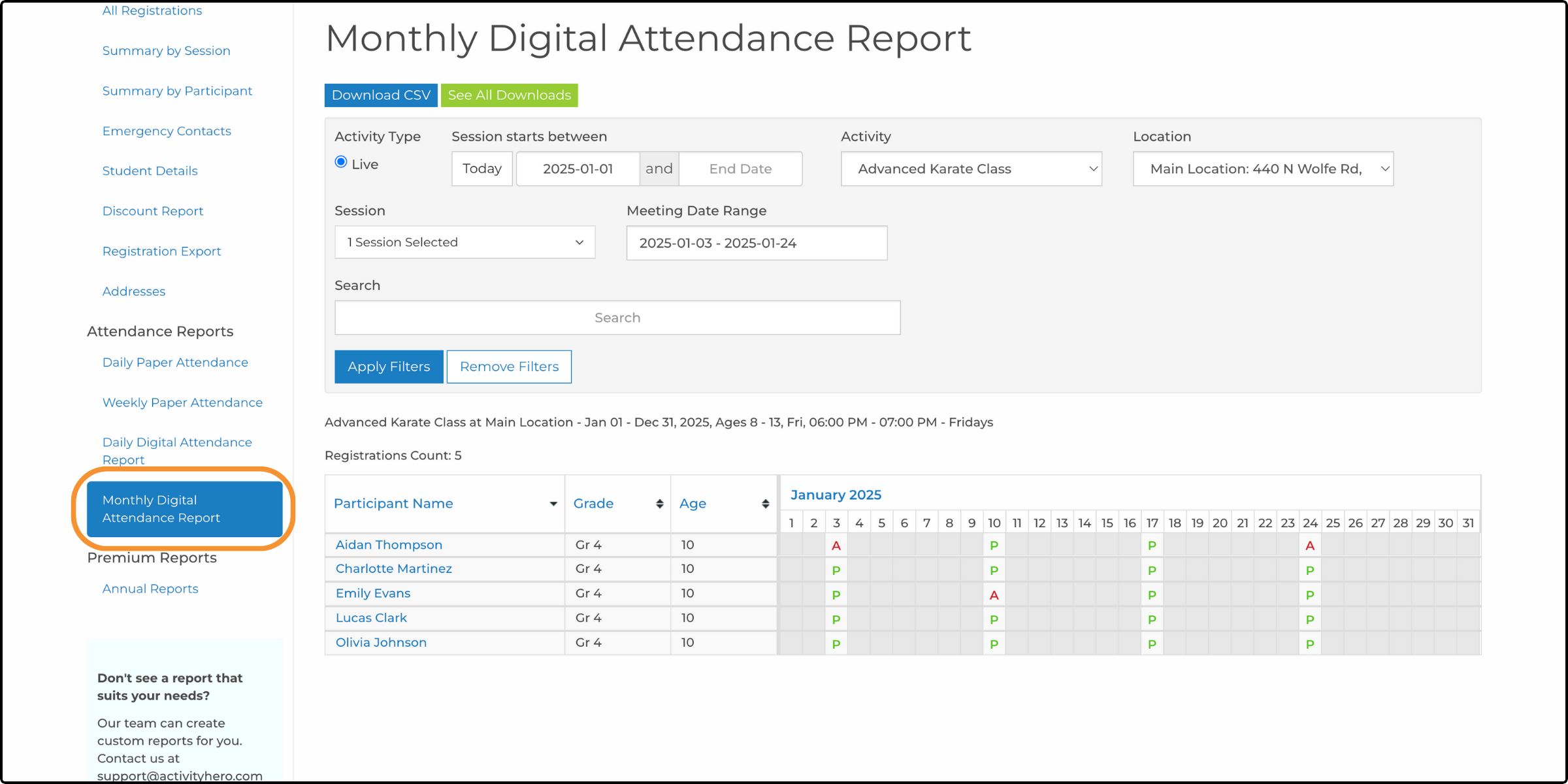 Monthly Digital Attendance Report with P and A marks for each meeting date