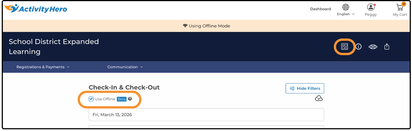 Check-In & Check-Out page with the Use Offline checkbox and the Dashboard icon highlighted