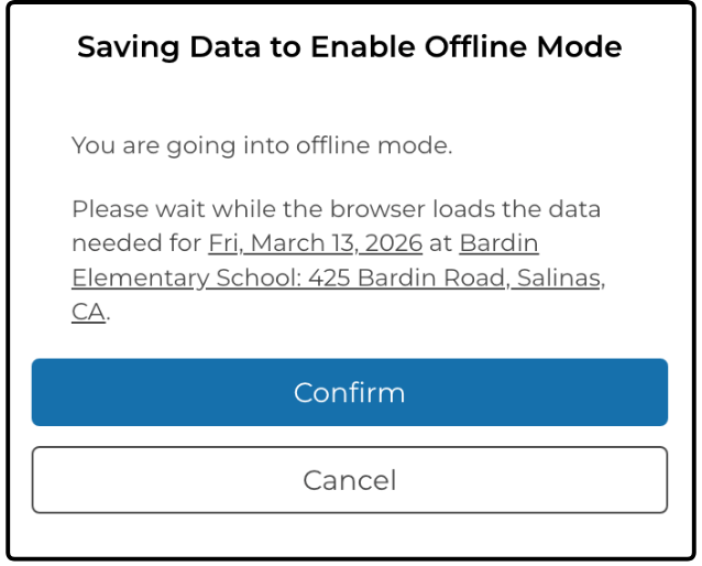 Saving Data to Enable Offline Mode window with Confirm and Cancel