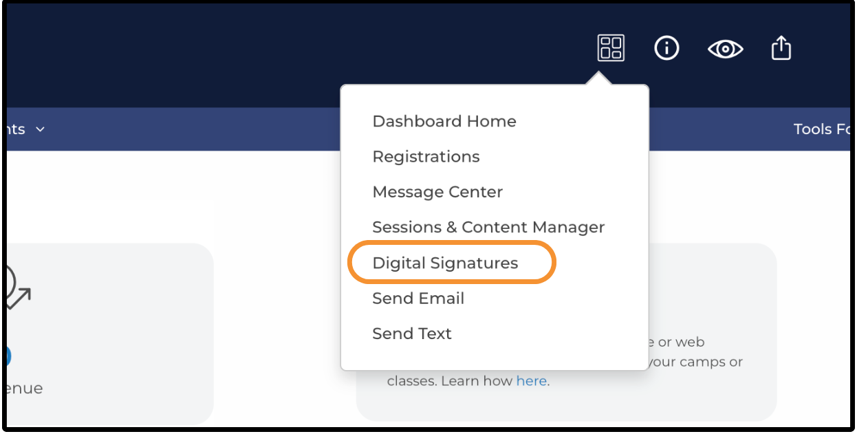 Dashboard menu open with Digital Signatures highlighted