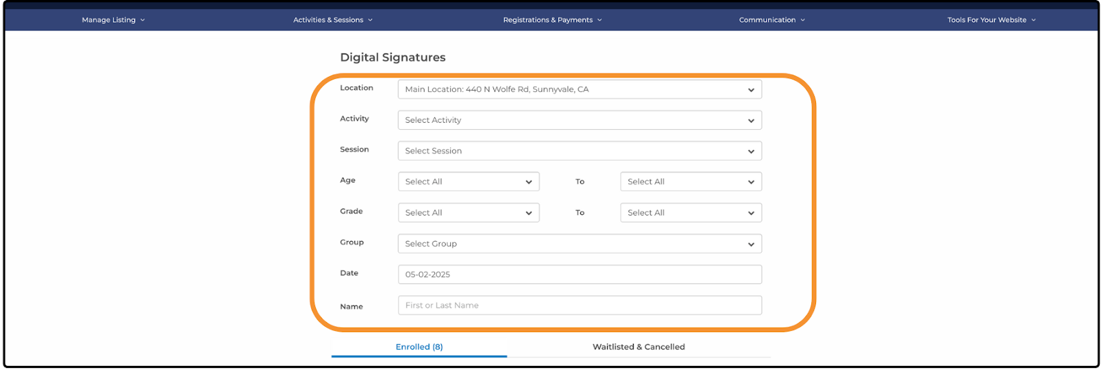 Digital Signatures page with the Location, Activity, Session, Age, Grade, Group, Date, and Name filters highlighted