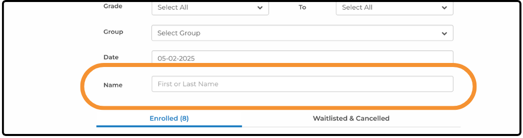 Name filter highlighted below the Group and Date filters