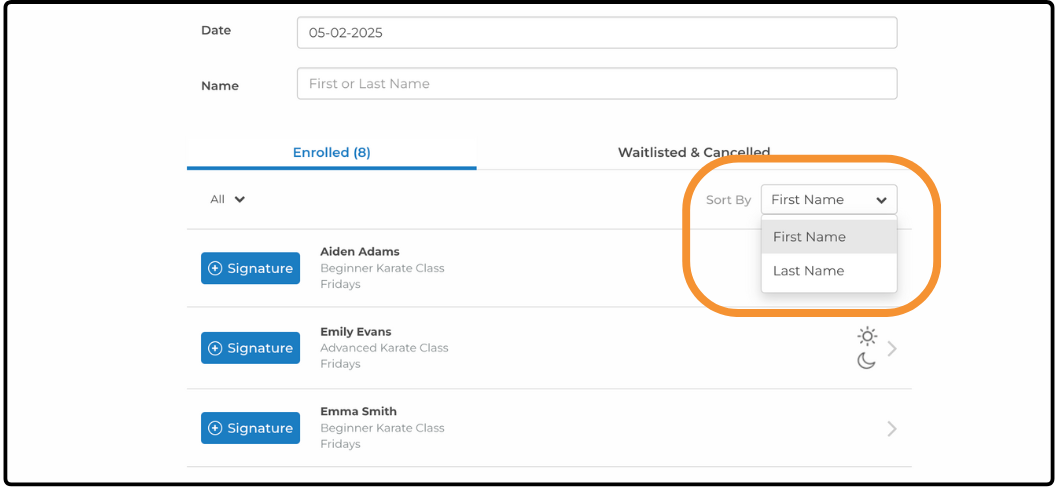 Enrolled participant list with the Sort By dropdown open on First Name and Last Name