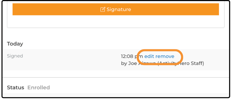 Signed entry in a participant record with the edit and remove links highlighted