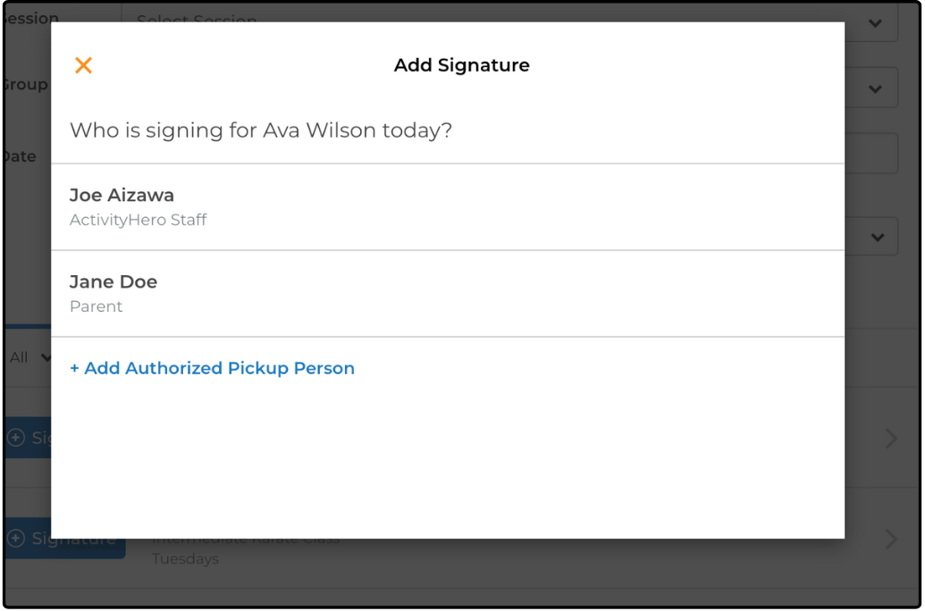 Add Signature window listing the staff member and parent who can sign for a participant