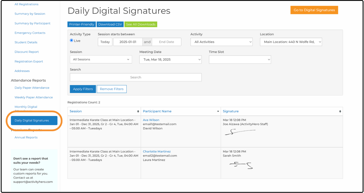 Daily Digital Signatures report with filters and a signature column, selected in the Attendance Reports menu