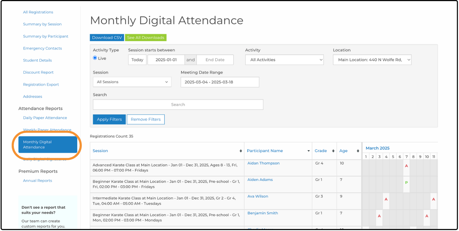 Monthly Digital Attendance report with a Meeting Date Range filter and a daily attendance grid