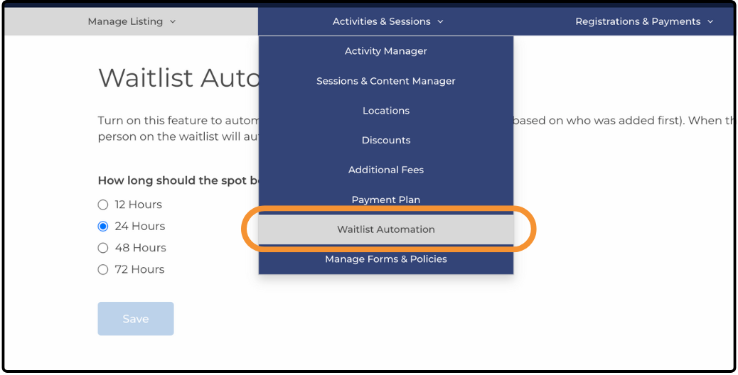 Activities & Sessions menu open with Waitlist Automation highlighted