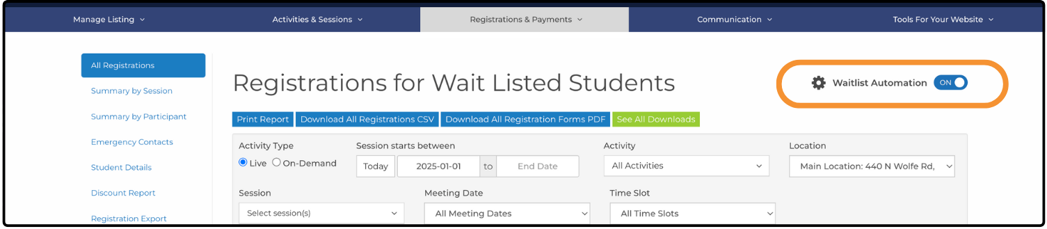 Registrations for Wait Listed Students page with the Waitlist Automation toggle highlighted